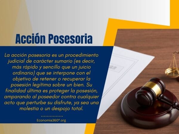 La acción posesoria es un procedimiento judicial de carácter sumario (es decir, más rápido y sencillo que un juicio ordinario) que se interpone con el objetivo de retener o recuperar la posesión legítima sobre un bien. Su finalidad última es proteger la posesión, amparando al poseedor contra cualquier acto que perturbe su disfrute, ya sea una molestia o un despojo total.
